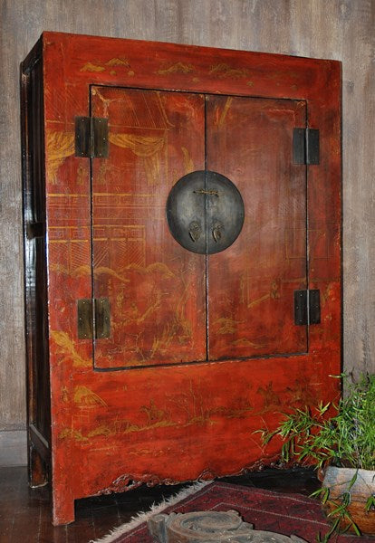 ARMOIRE ANCIENNE CHINOISE EN ORME POLYCHROMÉE